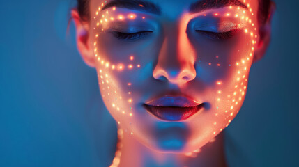 futuristic beauty therapy with light patterns on woman's face