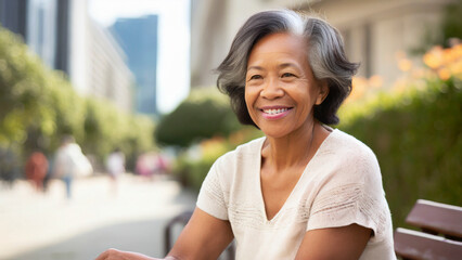 Portrait of happy senior asian woman sitting on bench in city