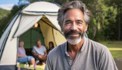 Portrait of happy senior man standing in front of a tent in the countryside