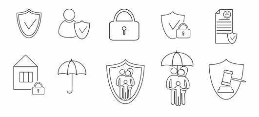A set of icons. Modern design concepts, a collection of simple contour protection line icons isolated on a white background, flat illustrations