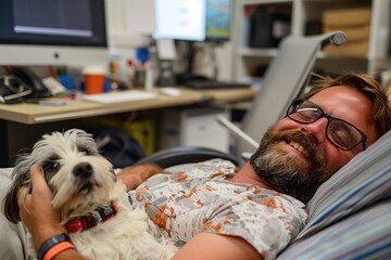 Handsome bearded man lying in armchair with his dog at the vet