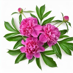 magenta peony flowers and green leaves isolated over white background with clipping path; top view