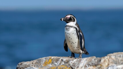 This image captures a single penguin on a rocky shore, with the vast blue ocean extending into the horizon