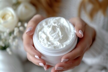 Gently dip your fingers in the skin care face cream cream and hold it.