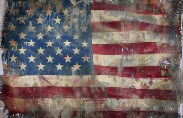 A painting of the American flag with a red background and orange stars