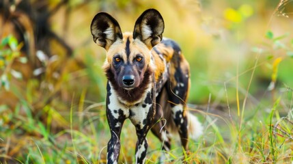 African wild dog, characterized by its unique coat pattern, stands alert in the savanna habitat at...