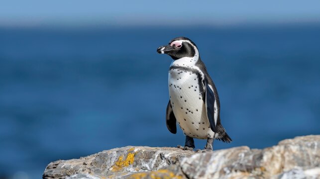 This image captures a single penguin on a rocky shore, with the vast blue ocean extending into the horizon