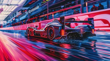 "Chromatic Voyage' of a racing car on a track, a style where the subject travels through a chromatic spectrum, in vibrant red and cobalt blue