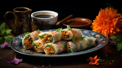 A platter of colorful vegetable spring rolls served with a side of sweet chili dipping sauce, arranged artfully on a ceramic plate with intricate floral motifs.   - obrazy, fototapety, plakaty