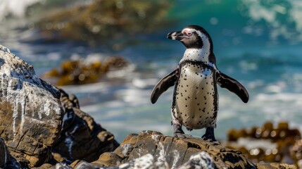 Naklejka premium A charming penguin seems contemplative standing on rocky terrain overlooking the sea