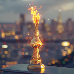 flaming olympic games 2024 torch with golden sparkle on parisian urban backdrop - obrazy, fototapety, plakaty