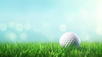 golf ball on fresh green grass with bokeh light background, with a copy space for text