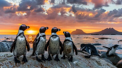 A group of five penguins appear to be socializing on the rocky coast with a vibrant sunset in the...