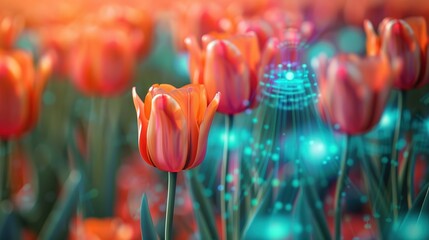 Cyberfloral Matrix' around a surreal digital tulip field, blending digital matrix aesthetics with vibrant floral patterns, in tulip orange and code blue