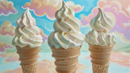 Whimsical Soft Serve Ice Cream Cones on Pastel Background