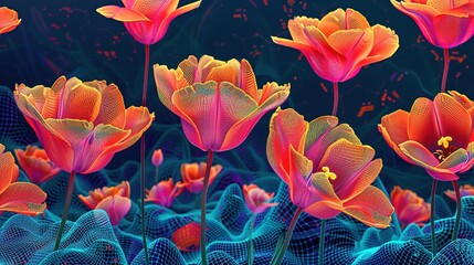 Cyberfloral Matrix' around a surreal digital tulip field, blending digital matrix aesthetics with vibrant floral patterns, in tulip orange and code blue