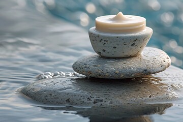 Warm skin care products face cream floats rocks