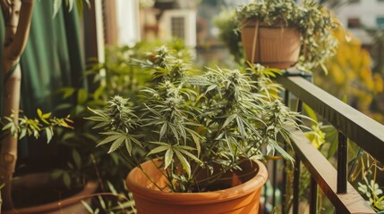 Junge Frau pflegt Cannabispflanze auf ihrem Balkon