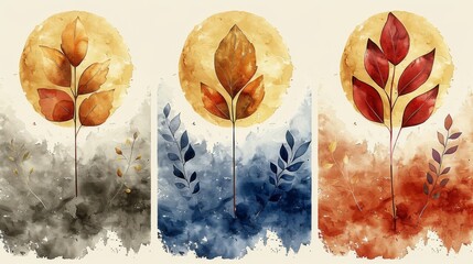 Modern botanical wall art set. Golden foliage line art drawing with watercolor. Abstract Plant Art design for wall framed prints, canvas prints, posters, home decor, covers, wallpapers. - obrazy, fototapety, plakaty
