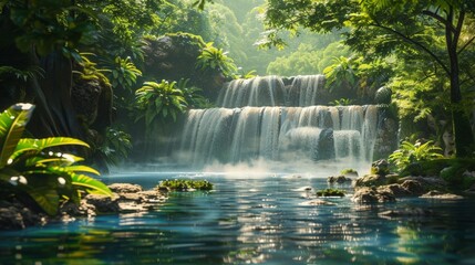 Sunlight filtering through trees onto jungle waterfall