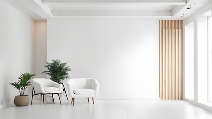 Fototapeta premium Modern minimalist interior with an armchair on empty white color wall background. 