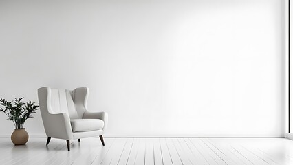 Modern minimalist interior with an armchair on empty white color wall background. 