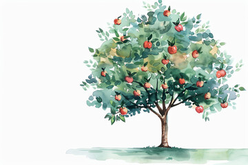 Minimalistic watercolor of an Apple Tree on a white background, cute and comical,