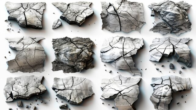 This collection of crack elements modern on white background depicts black damage cracks, breaks in the soil surface, abstract art illustration for decorative, print, wall art, screen, screen and