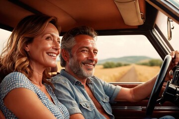 Smiling middle aged couple in car, on fun summer road trip holiday