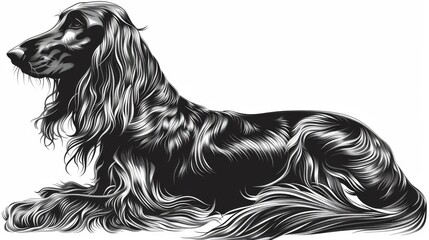 Detailed illustration of a majestic dog with flowing hair, focusing on its grandeur and poise