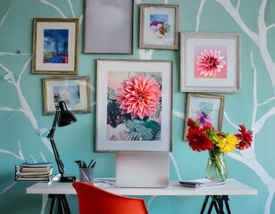 An eclectic office space with a gallery wall of mismatched frames and a vibrant bouquet of dahlias.