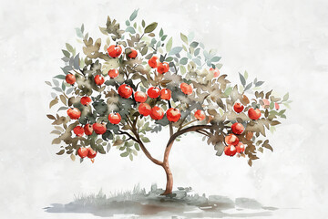Minimalistic watercolor of an Apple Tree on a white background, cute and comical,
