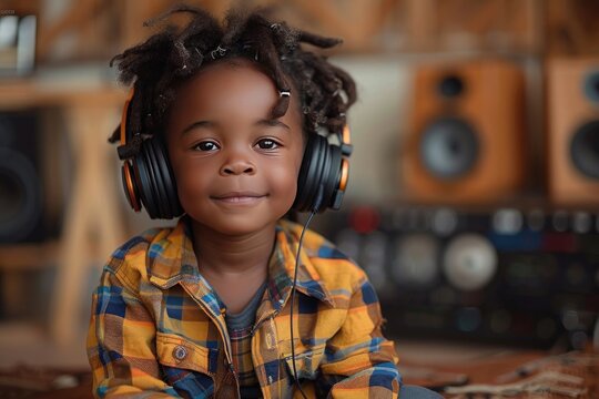 african american little boy listening to music with headphones