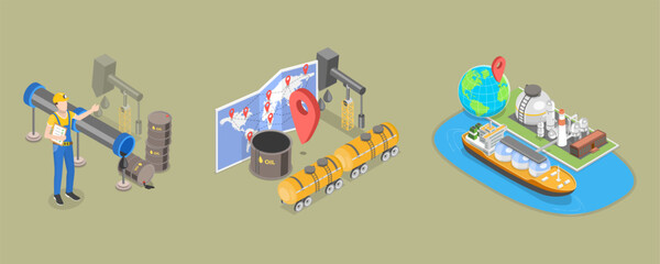 3D Isometric Flat Vector Illustration of Oil Transporting, Petroleum Industry