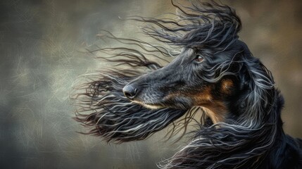 A mystical and artistic portrayal of a dog with dark, flowing manes against a textured backdrop