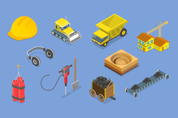 3D Isometric Flat Vector Set of Mining Elements , Extraction Industry Profession
