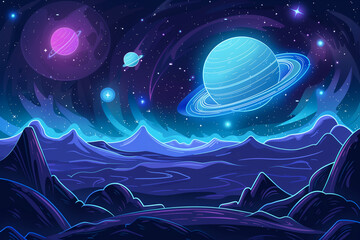 Illustration of an alien planet landscape with mountains and stars, blue, purple, neon