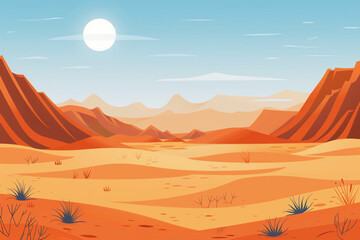 Illustration of an orange desert landscape with mountains in the background - obrazy, fototapety, plakaty
