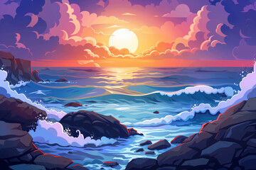 Illustration of a sunset over the ocean with rocks and waves - obrazy, fototapety, plakaty