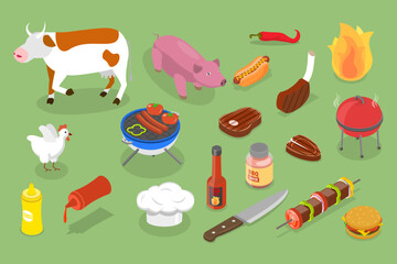3D Isometric Flat Vector Set of Barbecue Objects, Grill or Picnic Attributes
