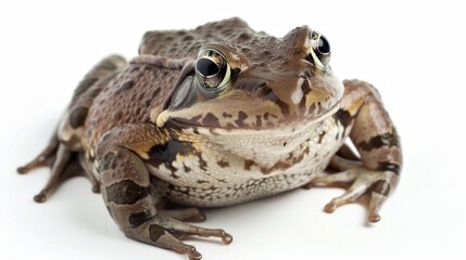Naklejka premium A detailed close-up photograph captures the unique markings and texture on a brown mottled frog against a white background