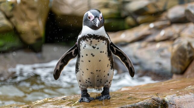 A single African penguin with water droplets captured mid-air in the background, emphasizing the habitat and the splashing movement
