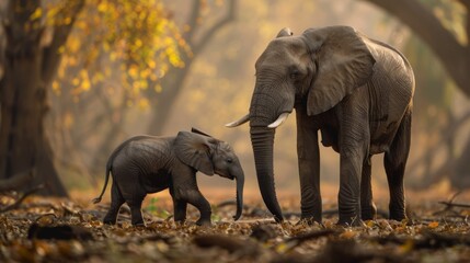 Fototapeta premium An intimate moment captured between a mother elephant and her calf in a serene forest