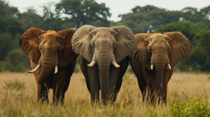 Trio of elephants aligned perfectly presenting a powerful display of wildlife in the serene African savanna