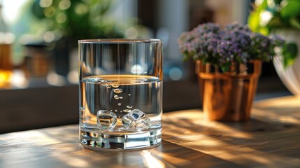 The transparent glass glass with water stands on the table. Close-up of the glass glass with water.