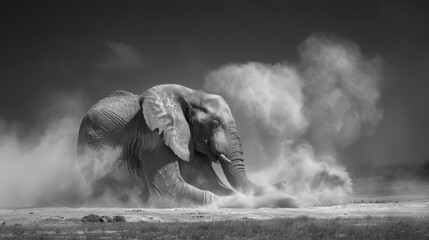 A stunning capture of an elephant throwing dust, illustrated in a dramatic black and white tone, emphasizing its majestic presence