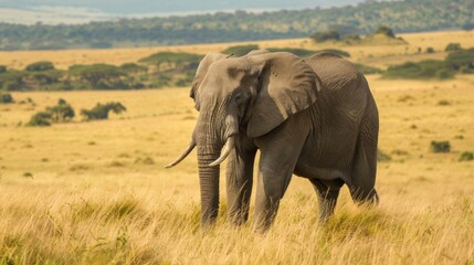 Obraz premium A solitary African elephant stands proudly in the savanna, showcasing its impressive tusks and wrinkled skin against a backdrop of golden grass and distant trees
