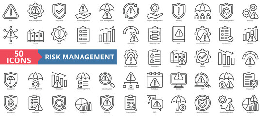 Risk management icon collection set. Containing risk, insurance, process, project, warning, protection, safety icon. Simple line vector.
