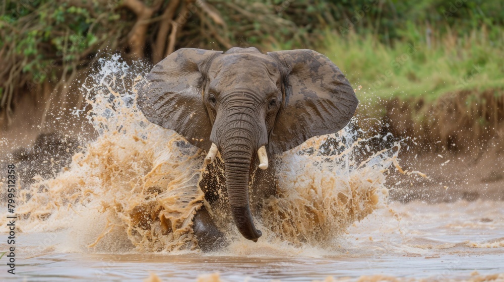 Wall mural a captivating image showcasing an african elephant lifting its legs high, causing a large splash in 