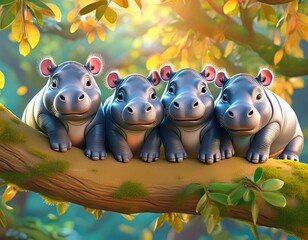 Hippo Baby group of animals hanging out on a branch, cute, smiling, adorable